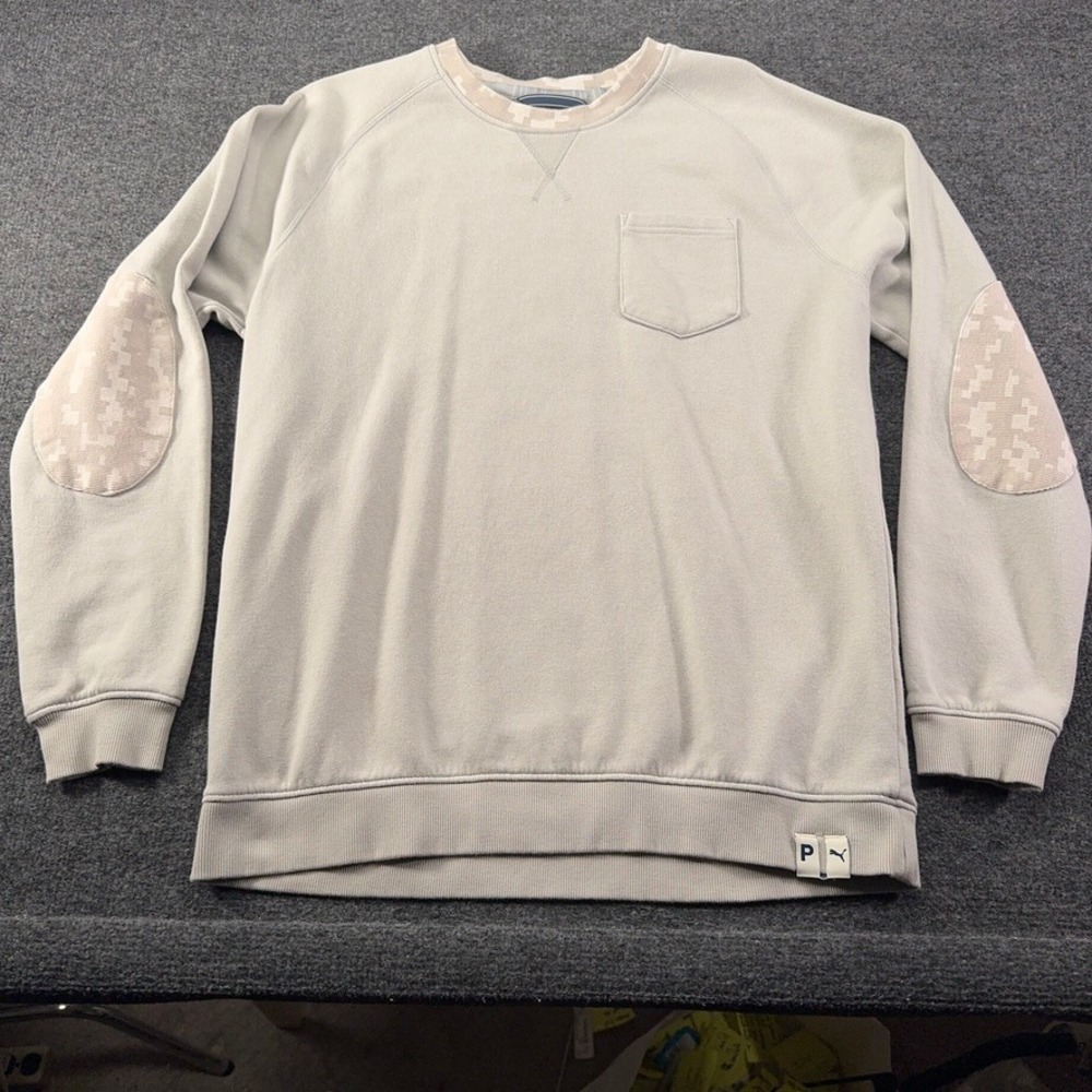 Puma Excellent Golf Wear Crewneck Sweatshirt Gray Camo Elbow Patch Mens Medium*